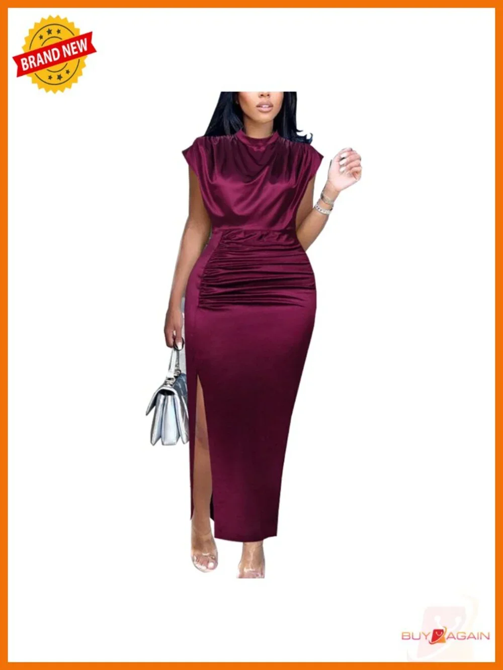 Women's Satin Mock Neck High Slit Maxi Formal Dress Sleeveless